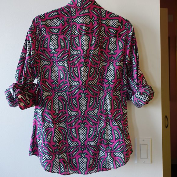 J. Crew Factory pink green swirl polka dot shirt XS 0 2 - Picture 2 of 11